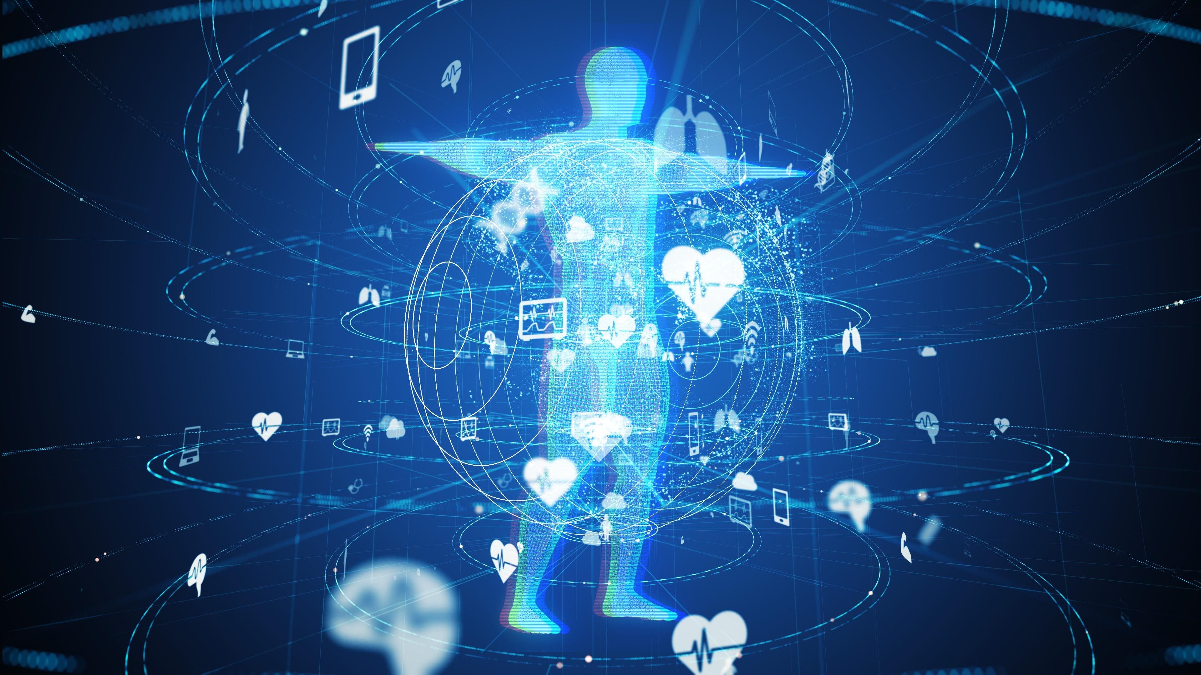 A glowing blue human figure stands in the center of a digital landscape with a network of data and medical symbols representing HIPAA compliance and the protection of patient health information.