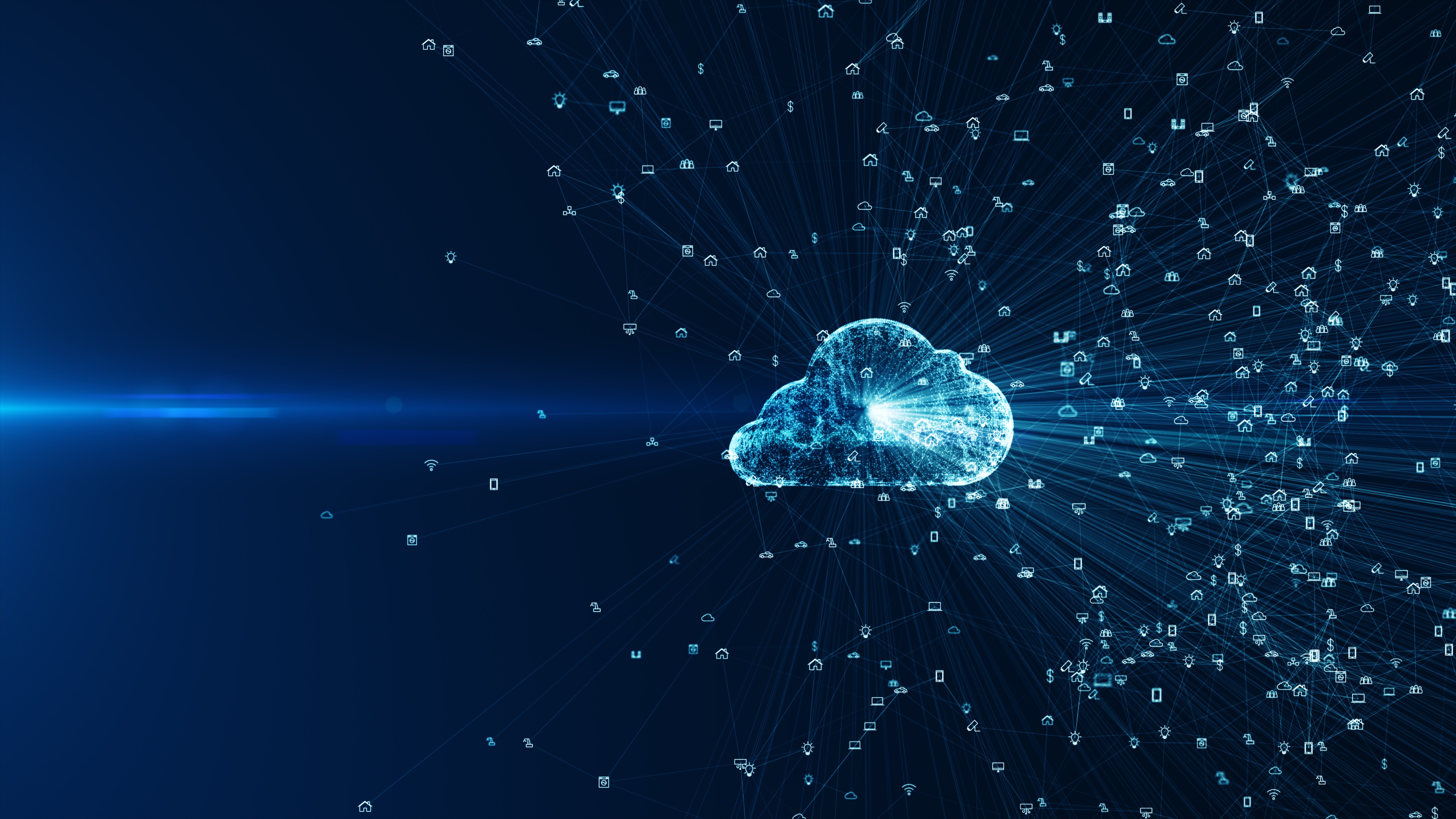 A digital cloud surrounded by interconnected icons representing data and devices, symbolizing the cloud workload migration services offered by Fast Fixx to securely and efficiently move workloads to the cloud