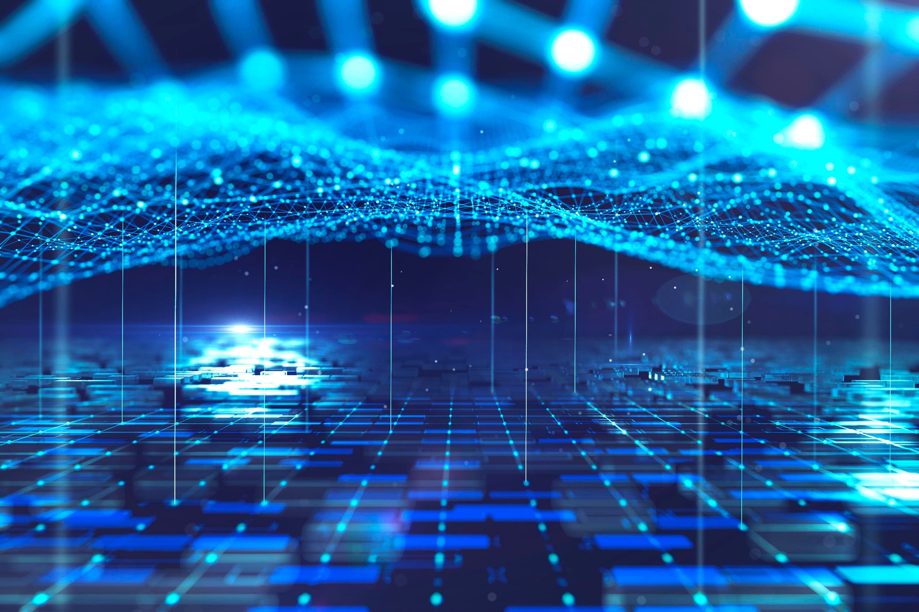 An abstract image of a digital landscape with interconnected lines and glowing lights, representing the comprehensive backup and disaster recovery solutions offered to protect and recover data and ensure business continuity