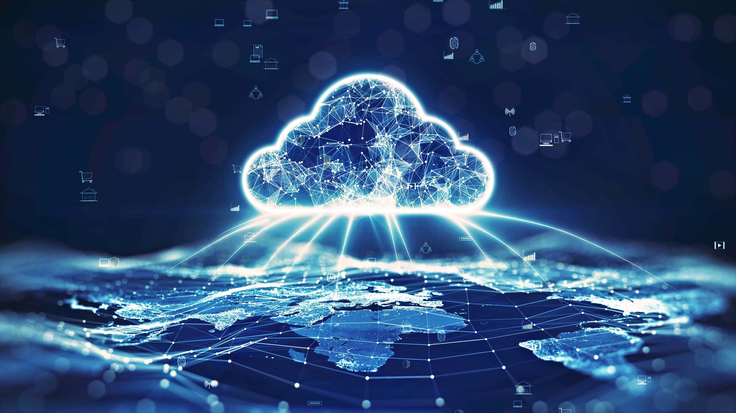 A digital cloud hovering over a map of the world with interconnected icons, representing the comprehensive cloud services offered by Fast Fixx, including strategy, migration, management, and optimization