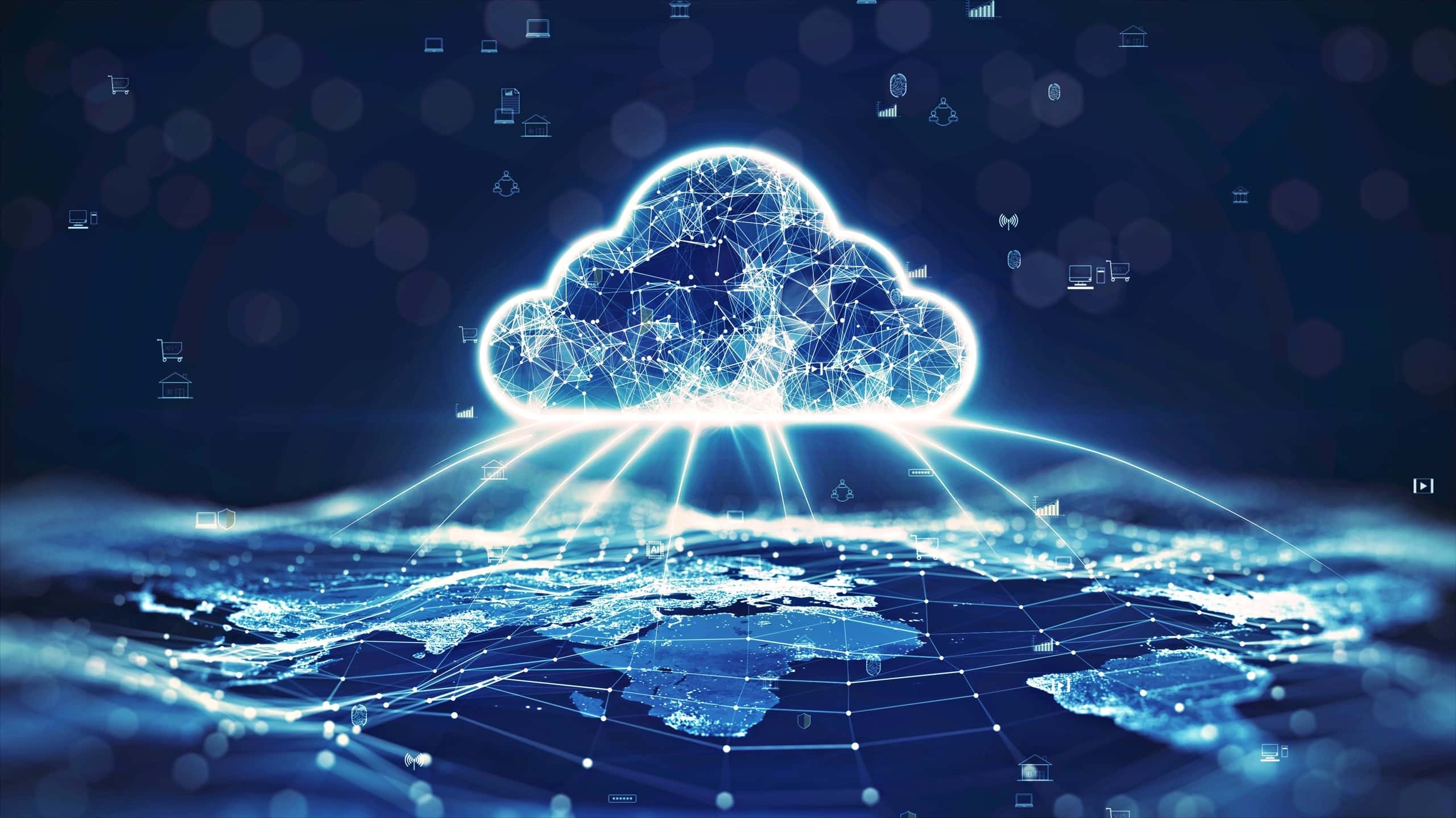 A digital cloud hovering over a map of the world with interconnected icons, representing Fast Fixx's hybrid backup solutions that combine local and cloud storage for enhanced data protection and flexibility