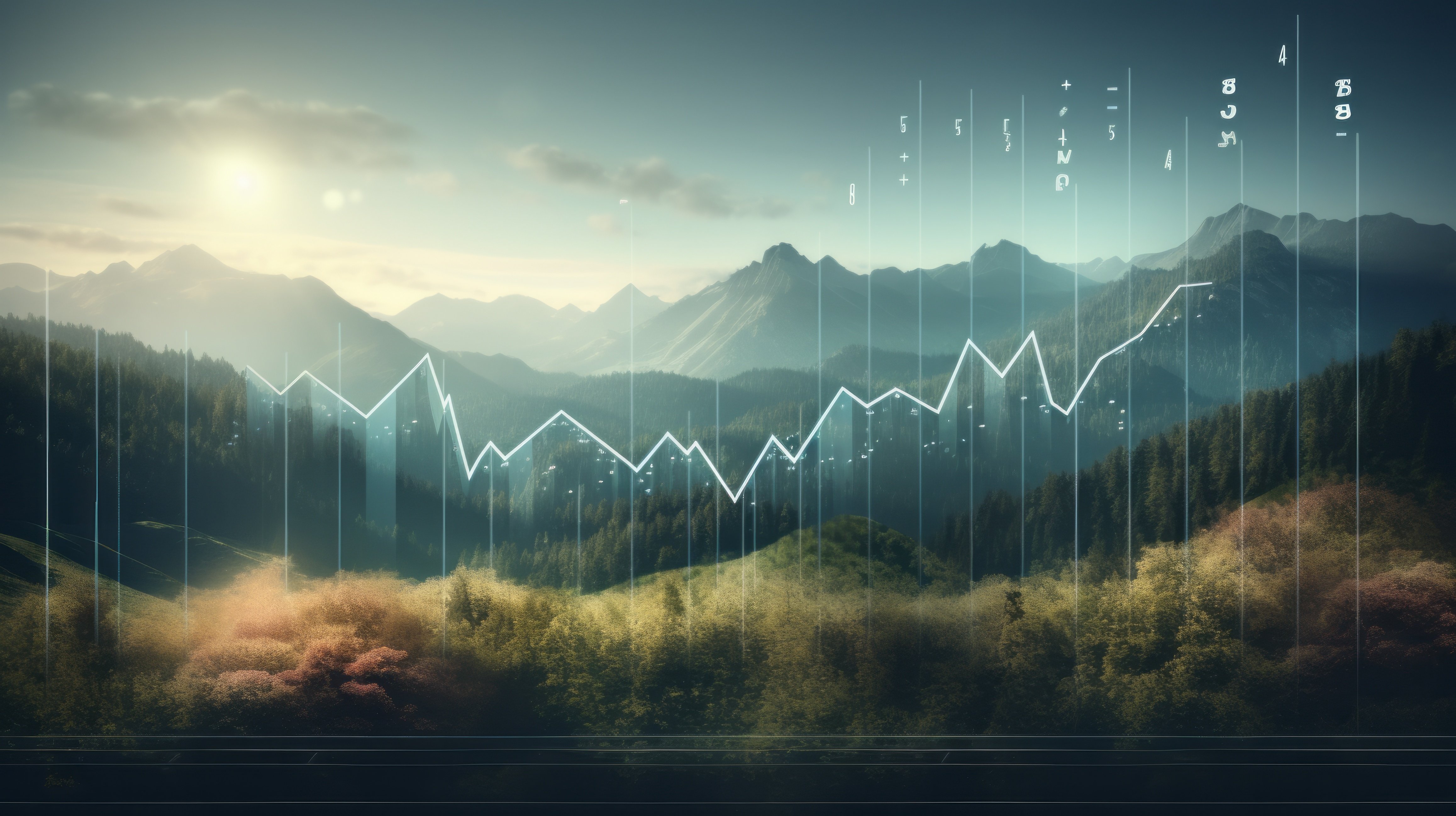 A mountain range with a glowing blue line graph superimposed on it, representing the accurate and timely compliance reporting services offered by the company.