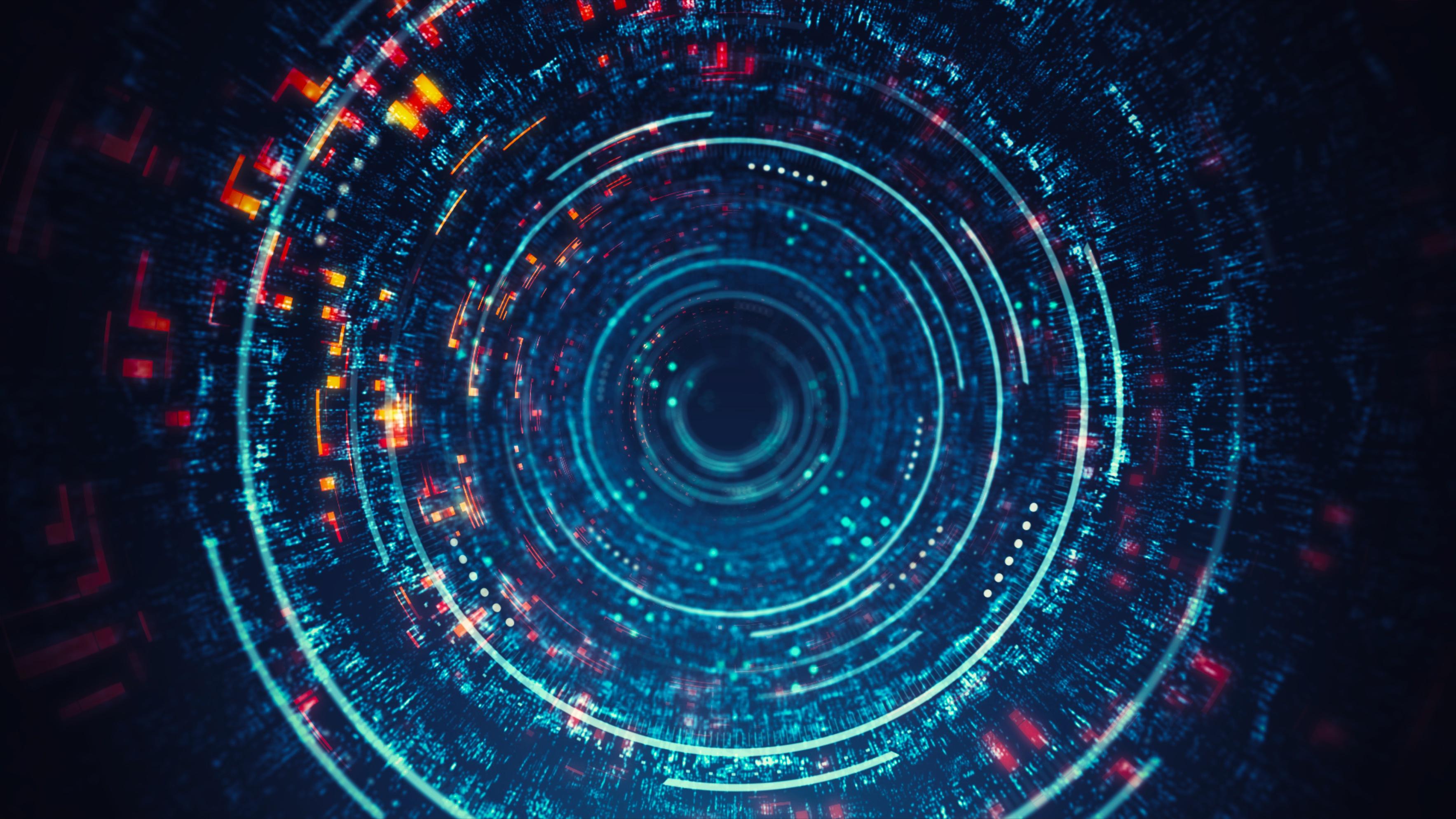 Abstract image of a digital tunnel with glowing lights and binary code, representing the proactive backup monitoring and management services offered by Fast Fixx to ensure data protection and address any issues