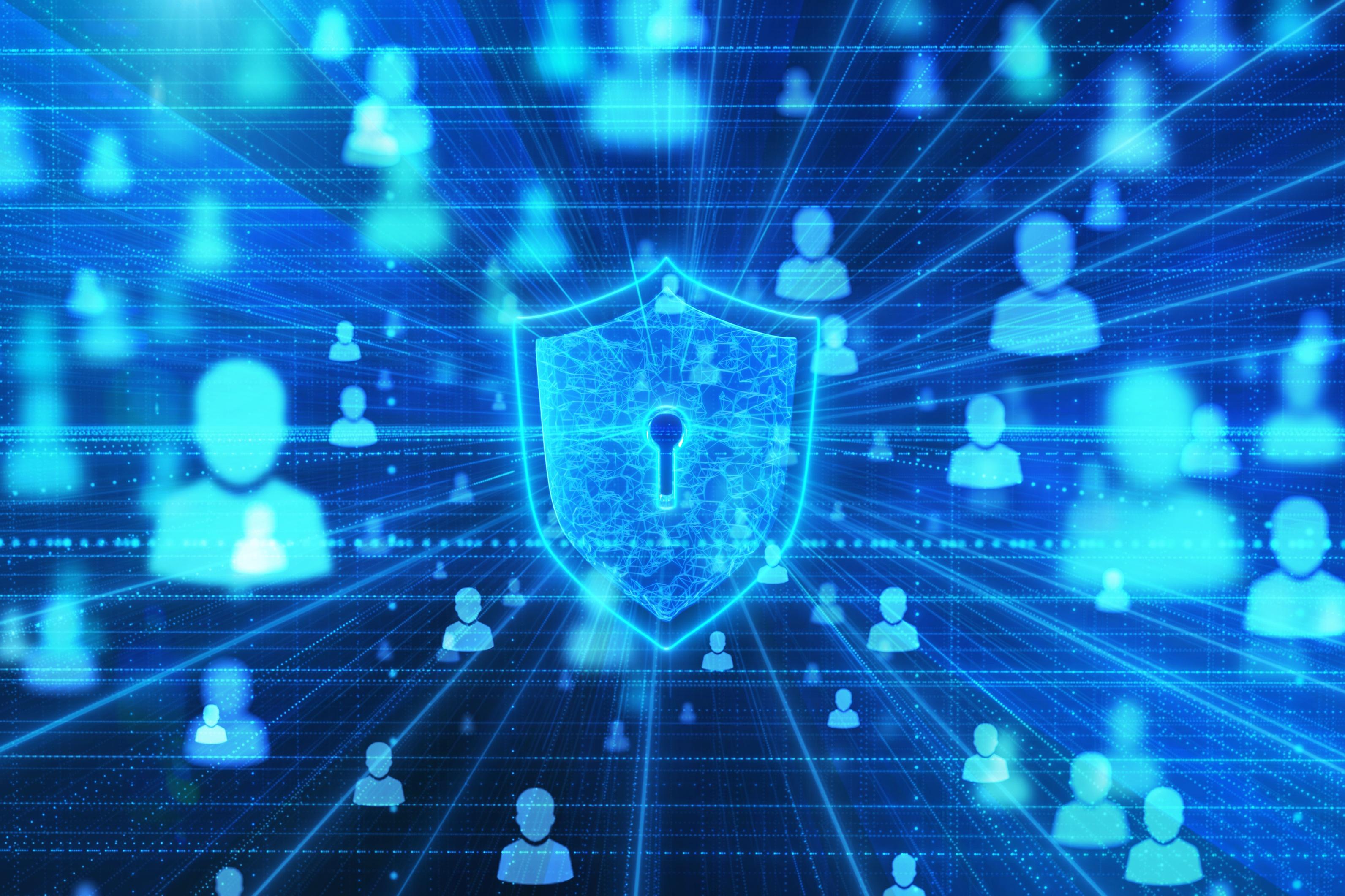 Shield with a keyhole in the center, surrounded by digital representations of people, which represents the comprehensive protection offered by endpoint security for mobile device