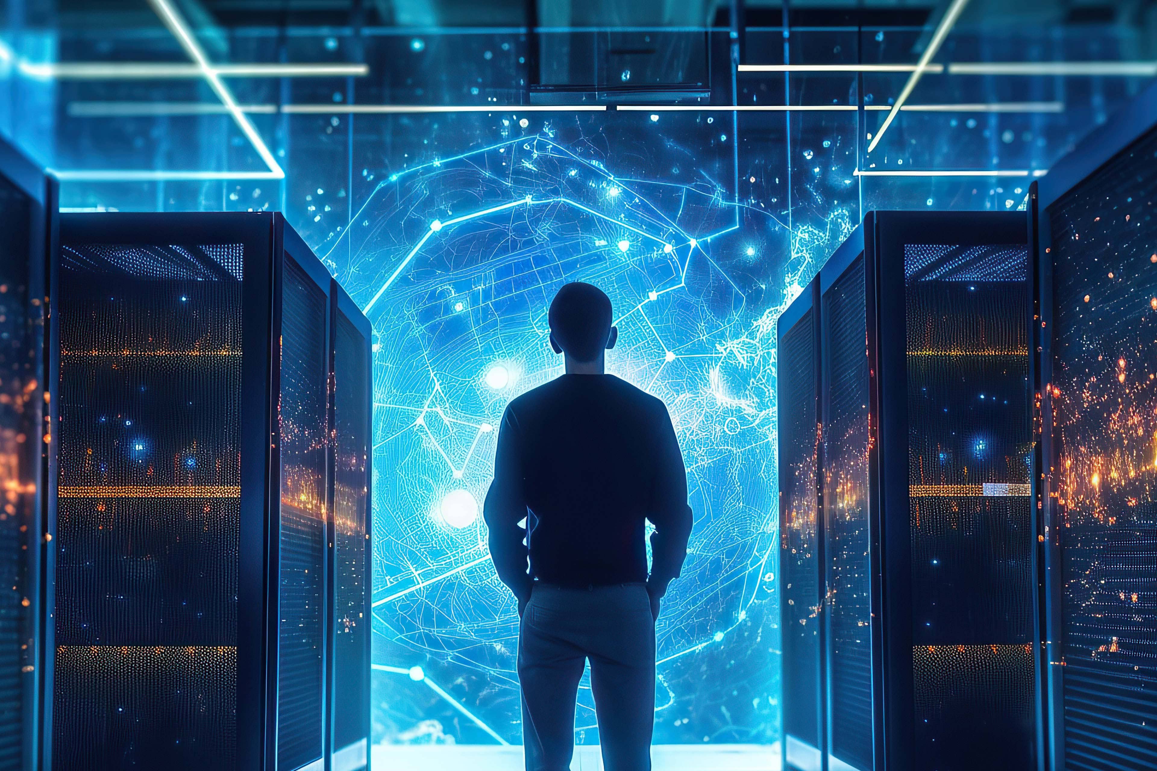 IT professional standing in a data center looking at a digital map of a network, representing the reliable and flexible cloud server solutions offered with expert management to ensure computing power for businesses