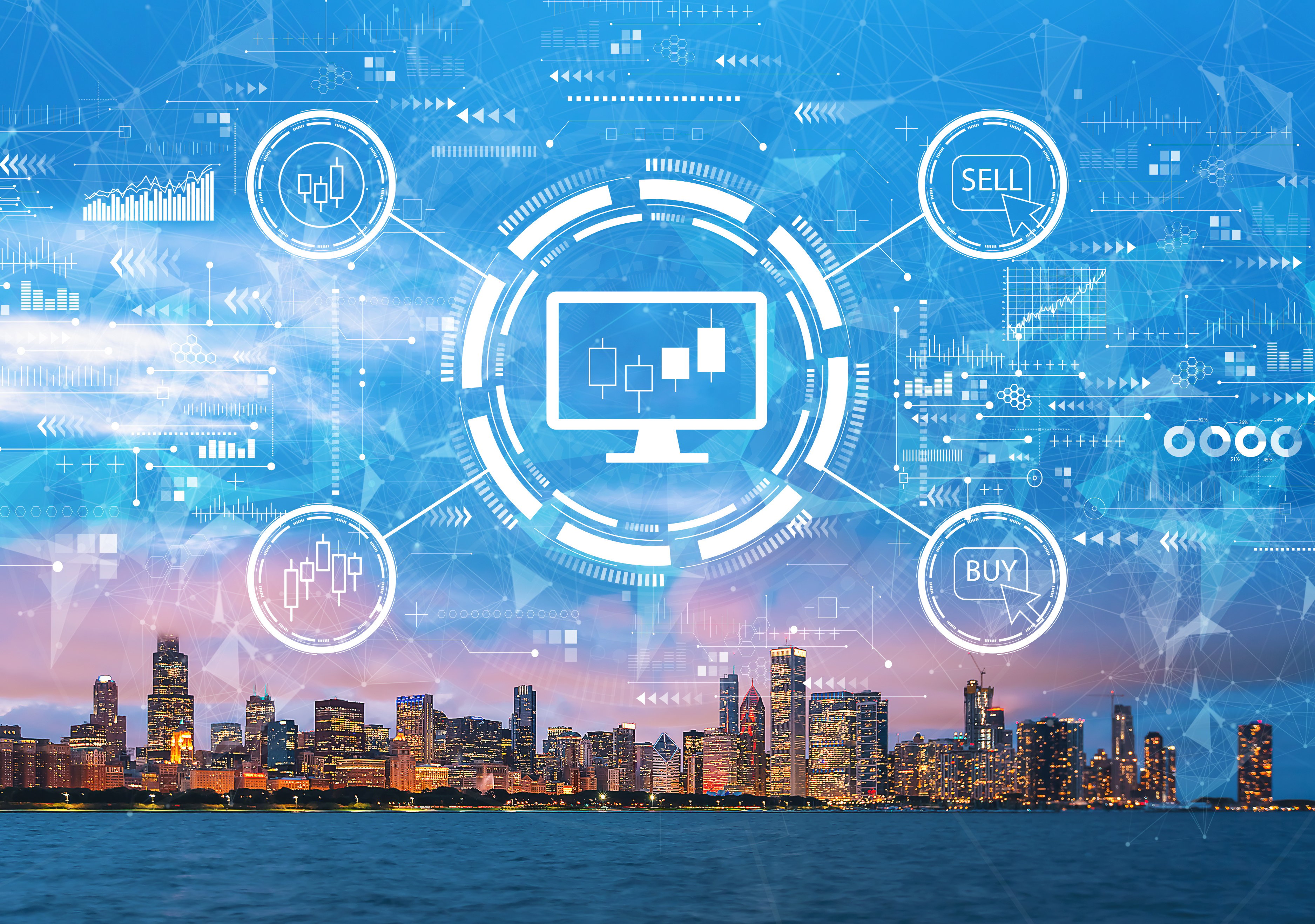 Network of devices with data points and graphs, representing the monitoring and reporting of device health, performance, and security