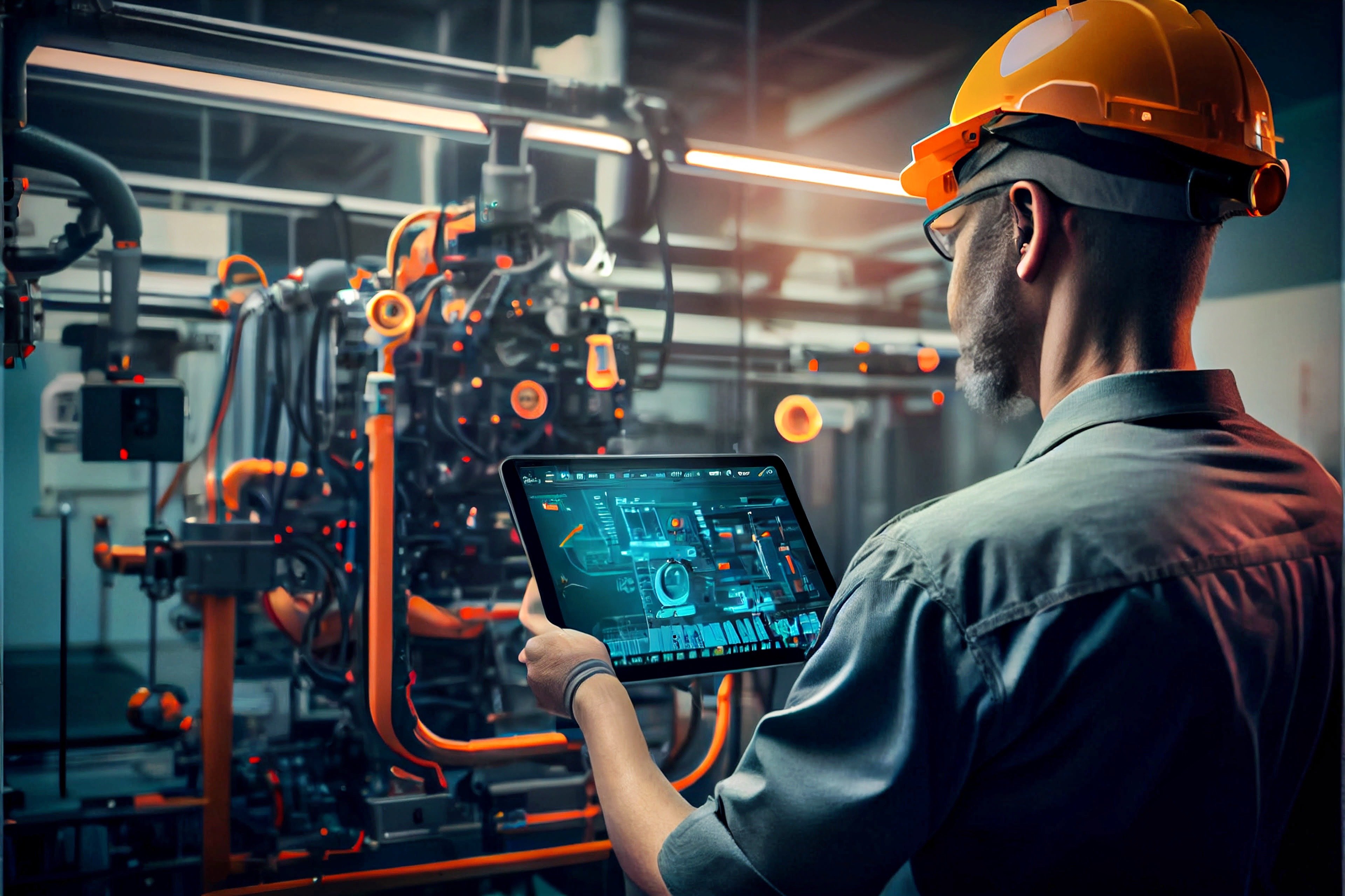 A technician wearing a hard hat uses a tablet to monitor a manufacturing process, representing Fast Fixx's tailored compliance solutions for specific industries