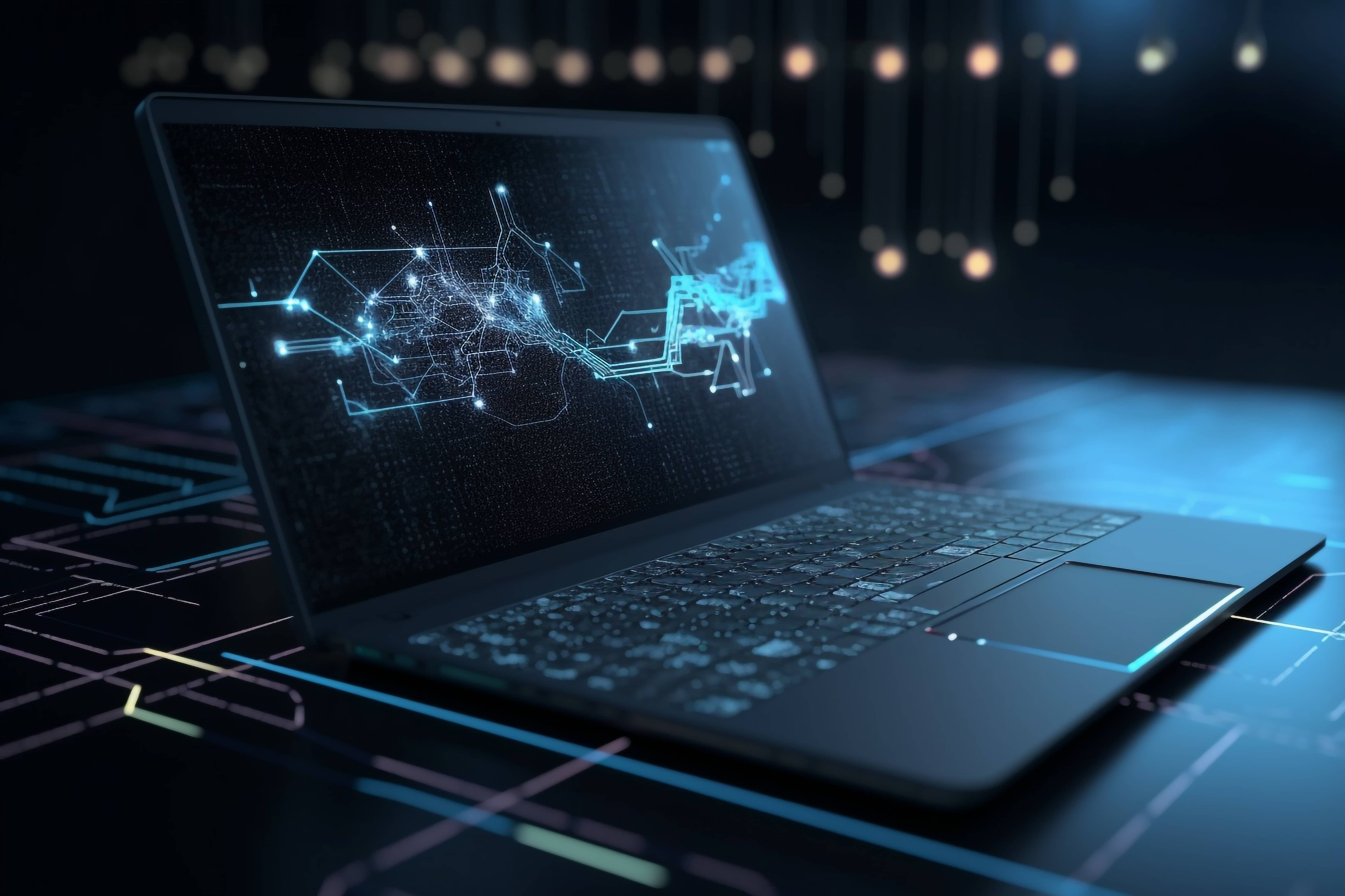 A laptop with a glowing circuit board pattern on the screen, representing the optimized network performance and security offered by Fast Fixx''s network management services.