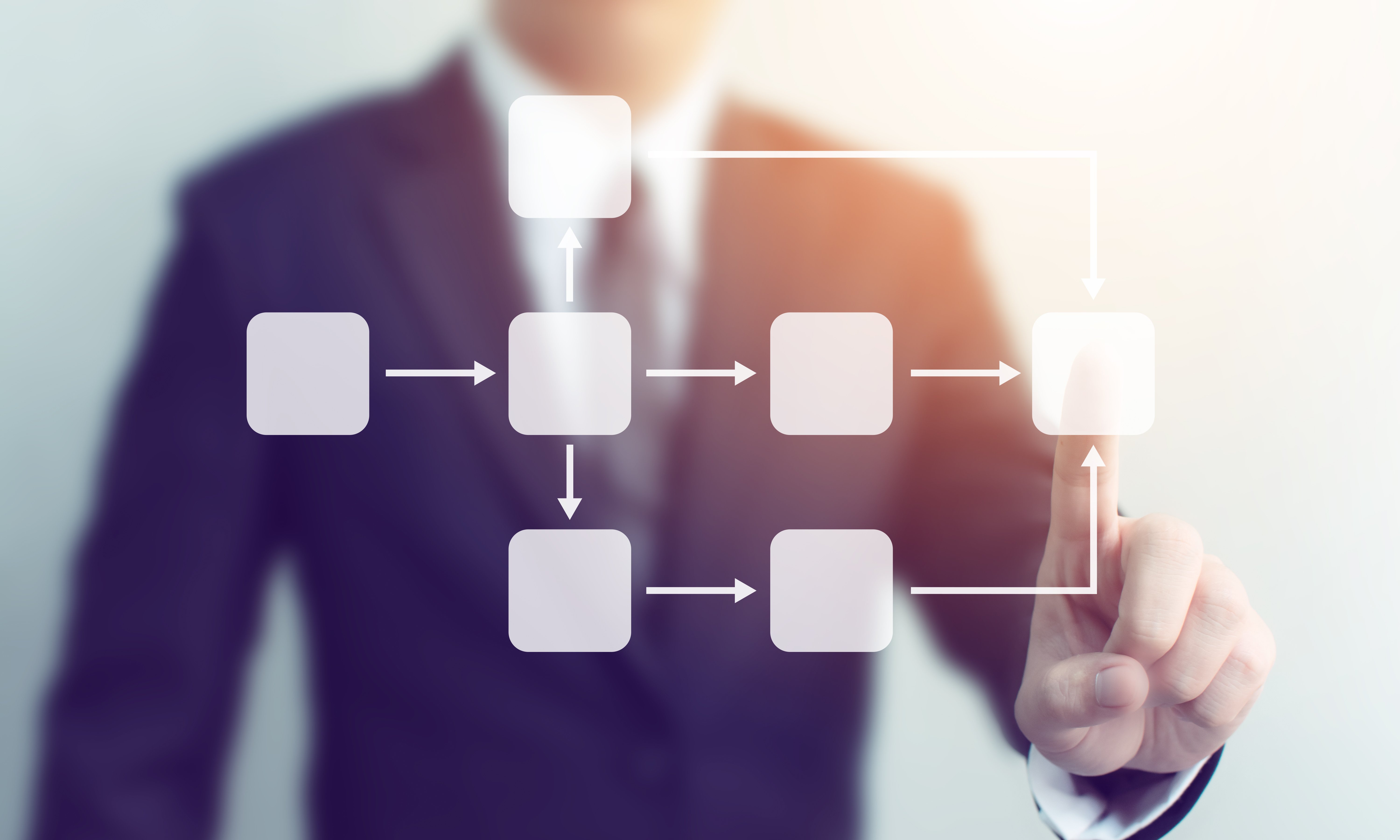 Businessman touching a digital flowchart representing a cloud migration plan, symbolizing the comprehensive cloud migration assessment and planning services offered by Fast Fixx to ensure a smooth and successful transition to the cloud