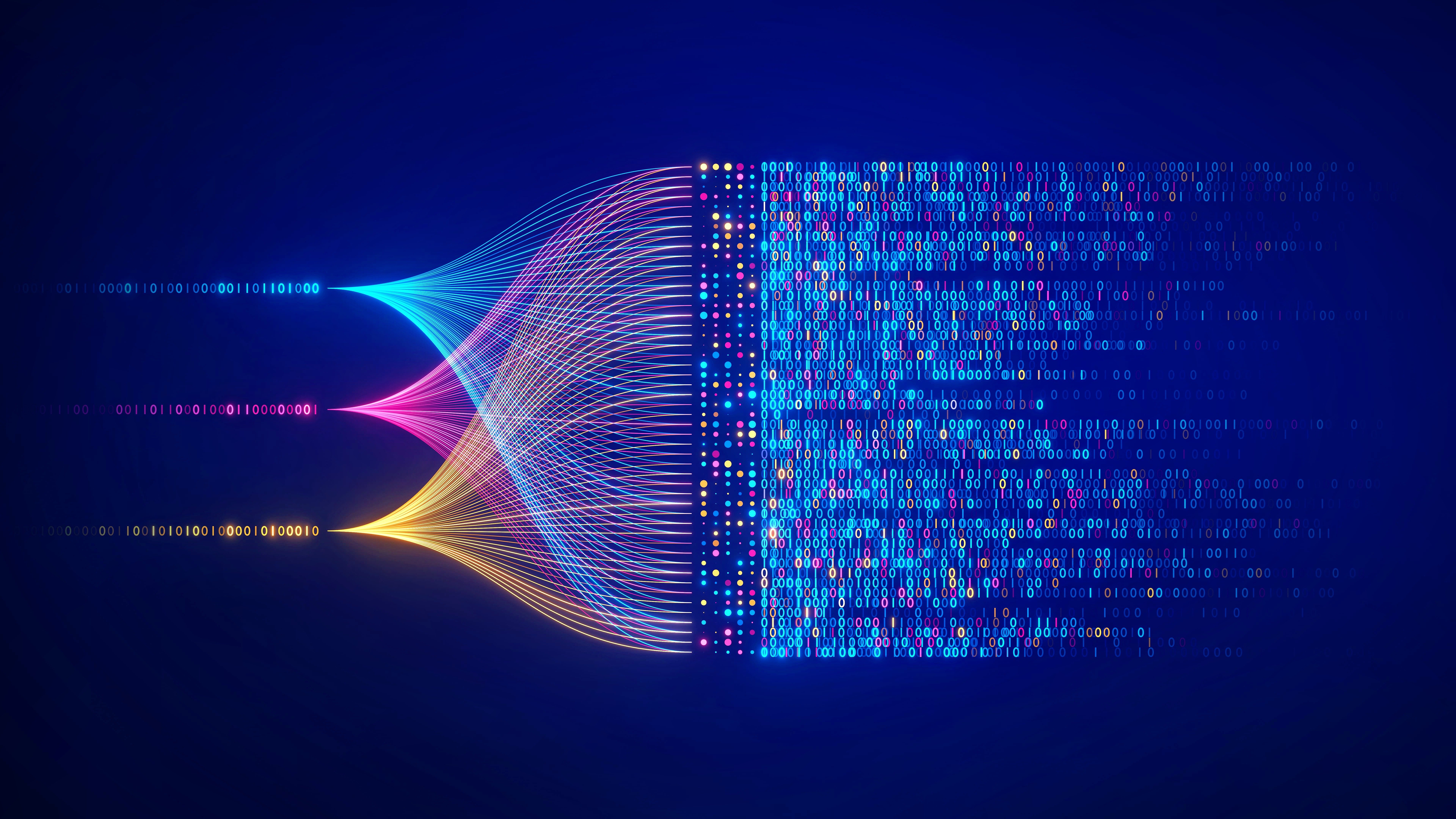 An abstract representation of data flow with colorful lines and binary code, symbolizing the continuous data protection solutions offered by Fast Fixx to minimize data loss and ensure business continuity