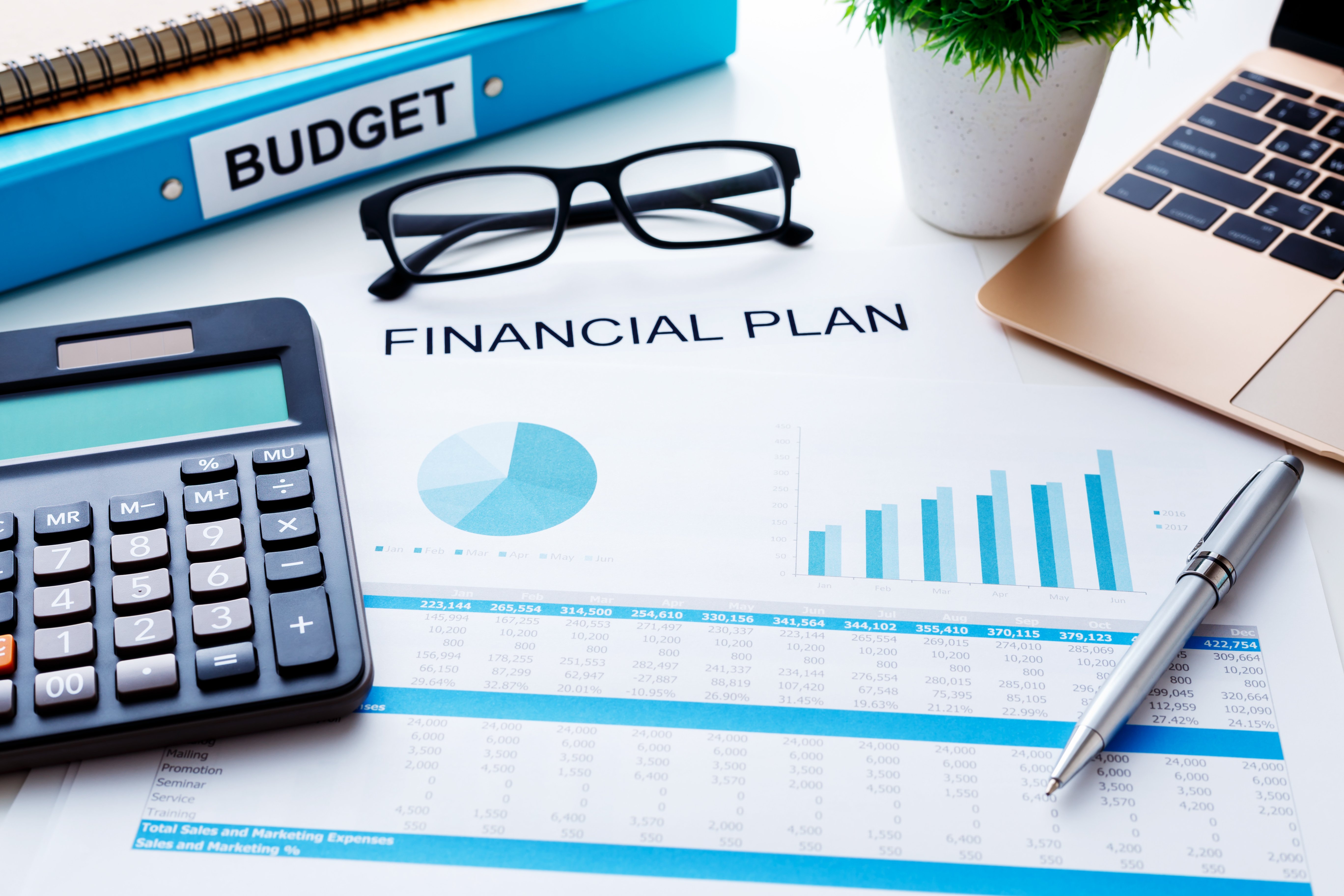 A financial report with graphs, charts, and tables representing the financial planning and budgeting process, illustrating the need for SOX compliance services